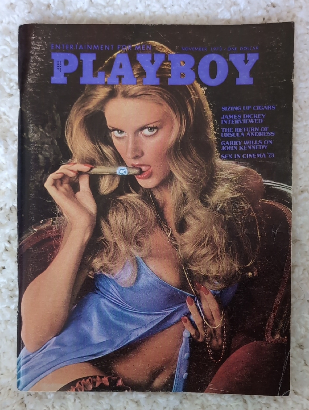 PLAYBOY November 1973 Magazine Purple Masthead with Blue Satin Outfit
